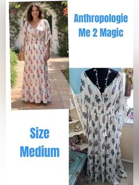 Anthropologie Me2Magic White Teal Blue Paisley Print Maxi Dress Medium